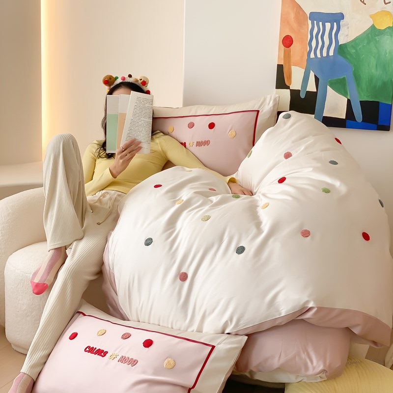 春夏少女心100S天丝棉s四件套裸睡高级感彩色波点刺绣被套软糯床