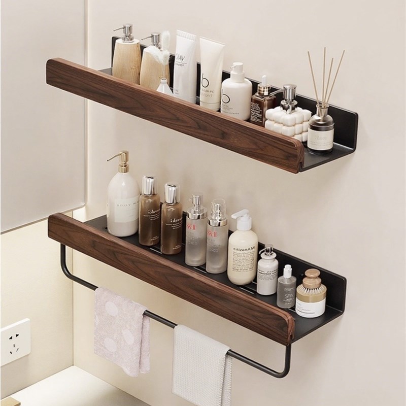 卫生间浴室厕所置物架胡桃木古风洗手I台洗手间墙上免打孔收纳架