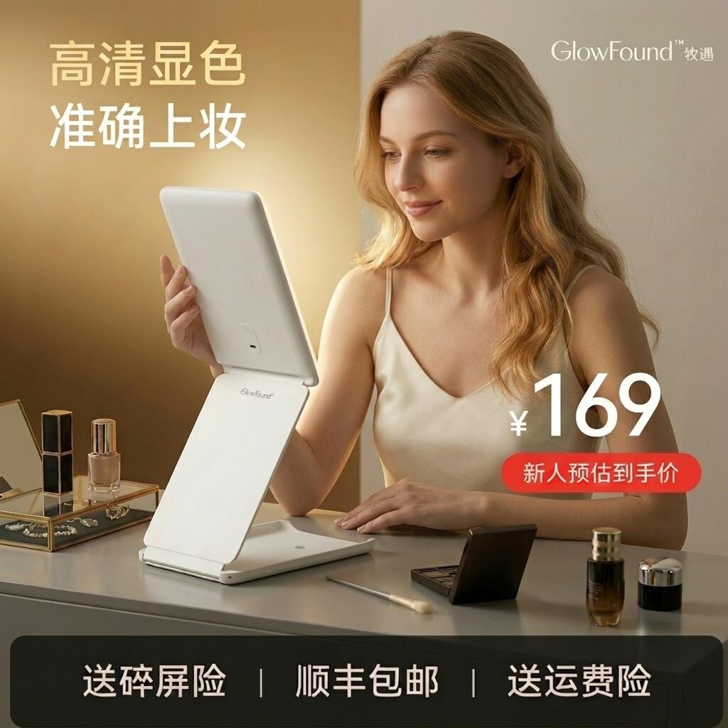 妆遇可折叠化妆镜子带灯便携旅行手持桌面led美妆镜送女生日礼物