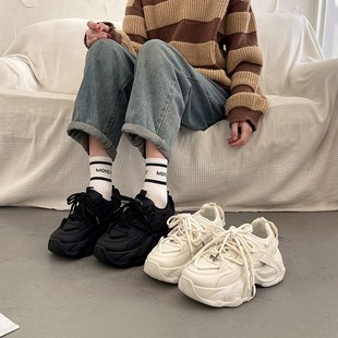 增高黑色休闲运动鞋 显脚小厚底松糕老爹鞋 爆款 炸街2024新款 女春季