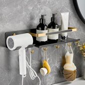 新款 黑金浴室置物架免打孔牙杯架拉丝金吹风机架卫生间牙刷支架