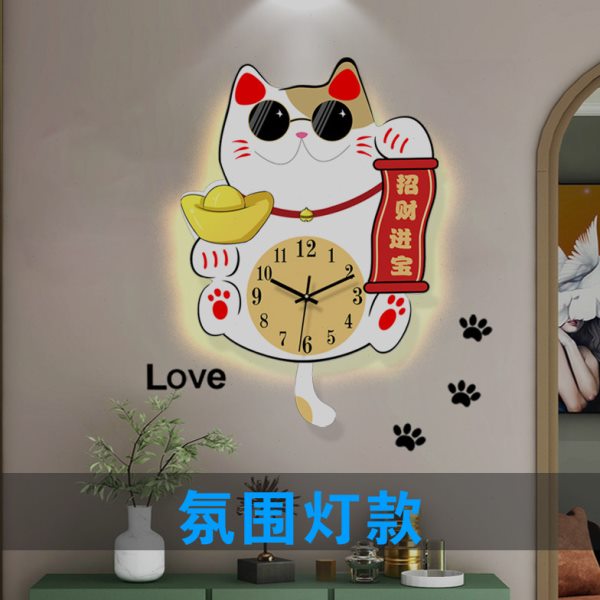 2023新款餐厅招财猫大气钟表挂钟客厅装饰创意表家用简约挂墙时钟