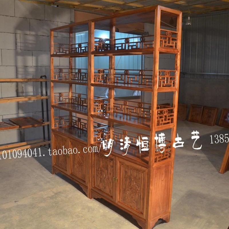 中式仿古明清家具 榆木实木博古架茶叶展示架四层书柜书架两门
