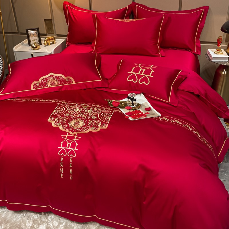 中式刺绣婚庆四件套大红色床单被套奢华全棉结婚床上用品