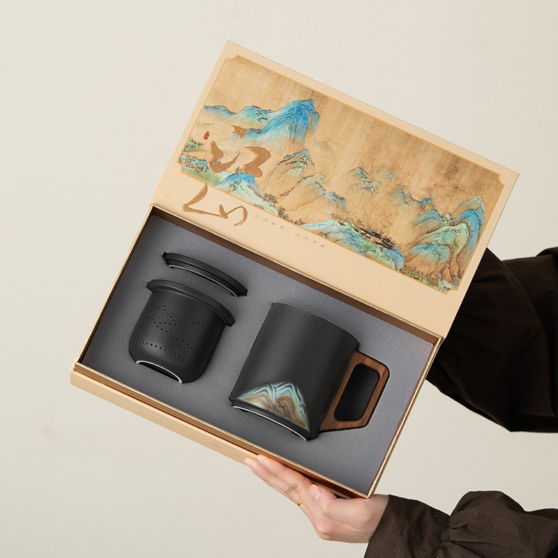 金澜江山茶杯大容量陶瓷茶水分离过滤泡茶杯办O公室父亲节定logo
