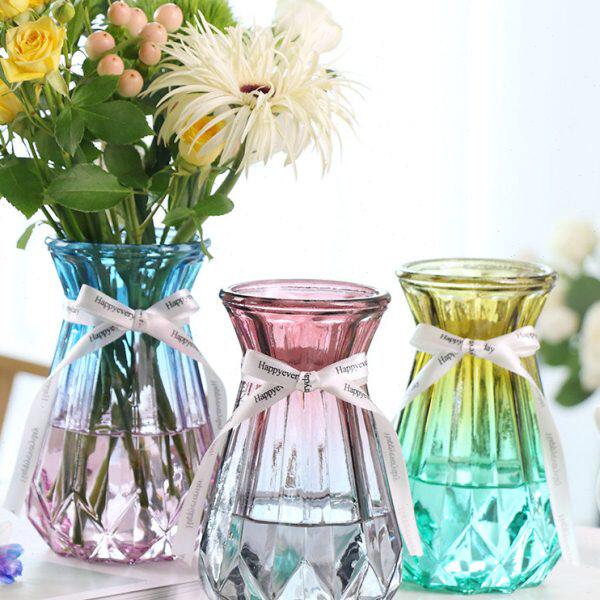 简约富贵竹水培透明百合干欧式彩色二绿萝摆件玻璃花瓶件套】【花