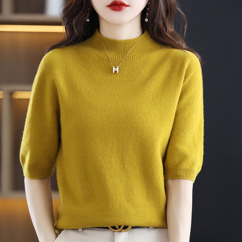 一线成衣五分袖i半高领100%纯羊毛衫女套头宽松针织打底羊绒衫内