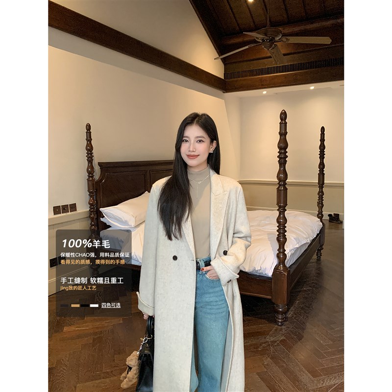 MA 黑a色双面呢外套女冬新款气质显瘦中长款过膝韩系毛呢大衣