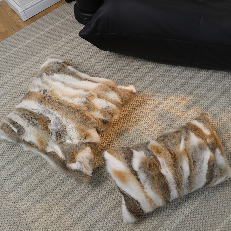 简约灰粽皮草抱枕沙发靠枕样B板间方枕狐狸毛靠垫兔毛腰枕