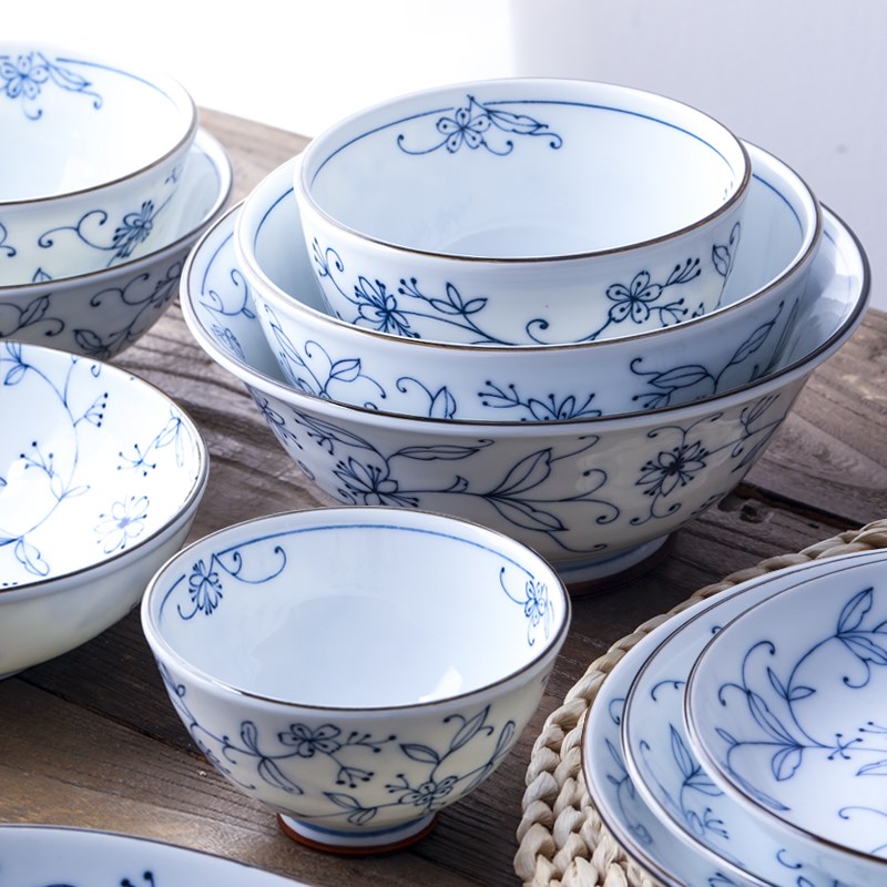 进口美浓烧陶瓷k餐具线唐草高脚饭碗日式寿司菜盘子碟拉面汤碗
