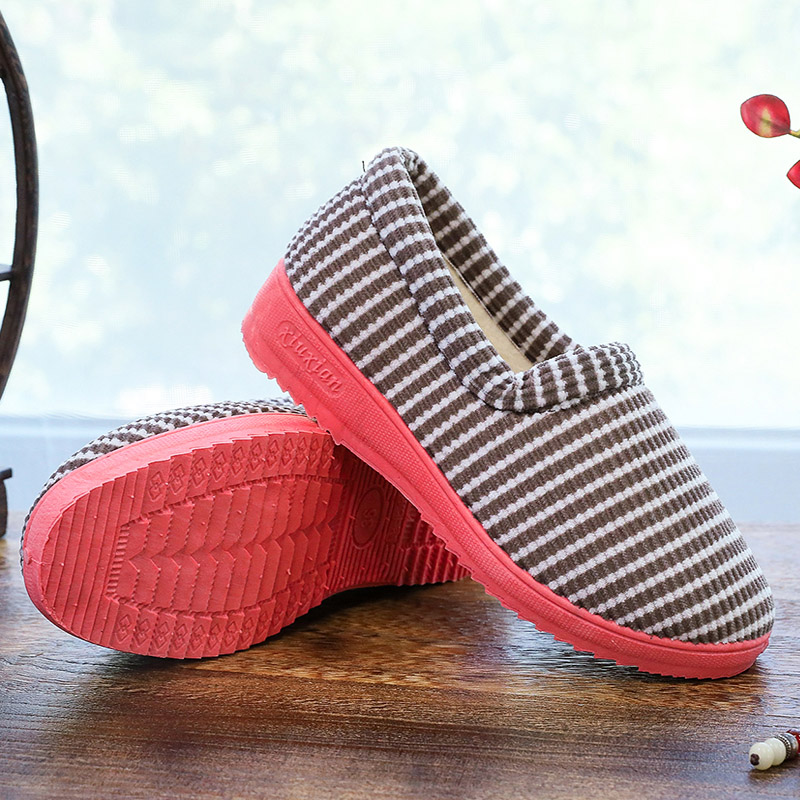 保暖拖鞋女2023年冬季新款居家外穿加绒N条纹甜美平底包头棉鞋