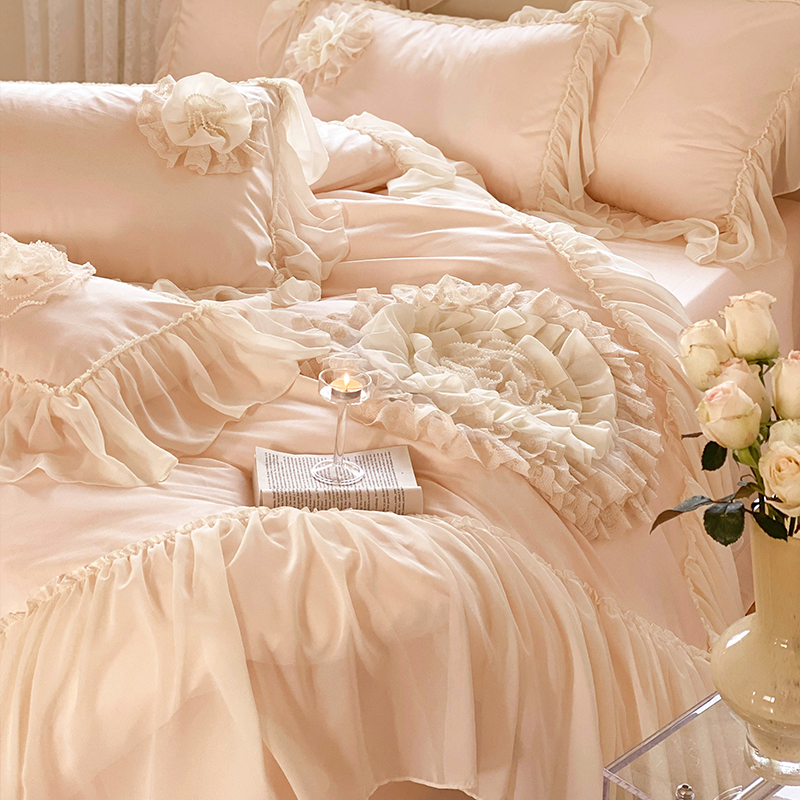 韩式立体盘花纱边140支长y绒棉四件套全棉公主风被套床上用品