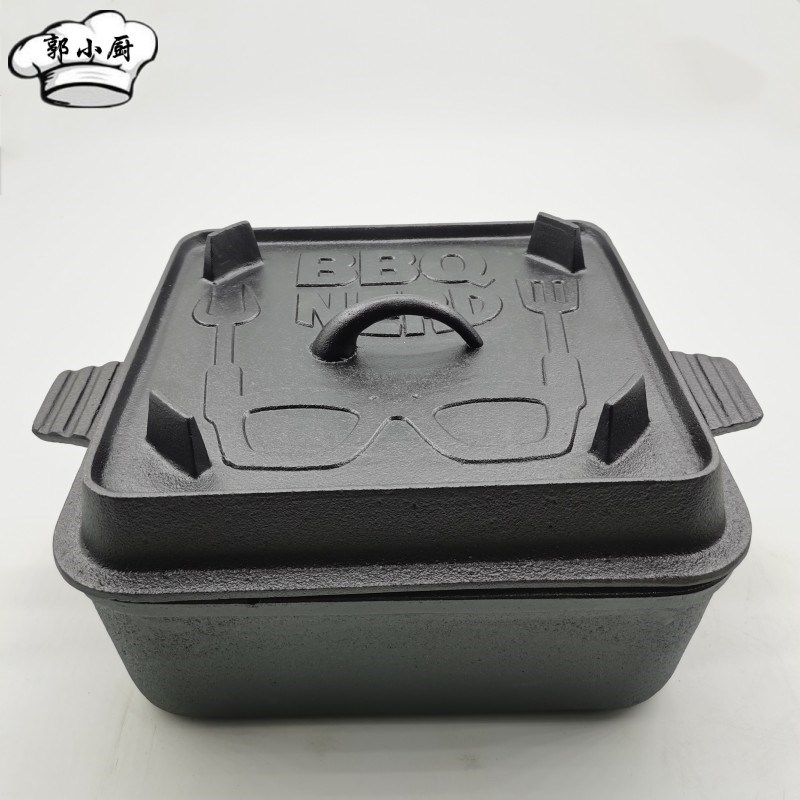 加厚方形铸铁炖煮焖锅平s底烤肉锅火锅多功能铸铁锅烤欧包锅无涂
