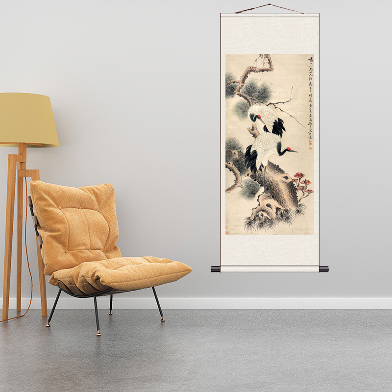 展翅仙鹤c招财挂画好运装饰丝绸画松鹤延年已装裱丝绸画国画
