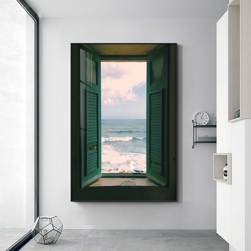 简约玄关装饰画轻奢客厅沙发背景墙H挂画竖版海景走廊过道壁画