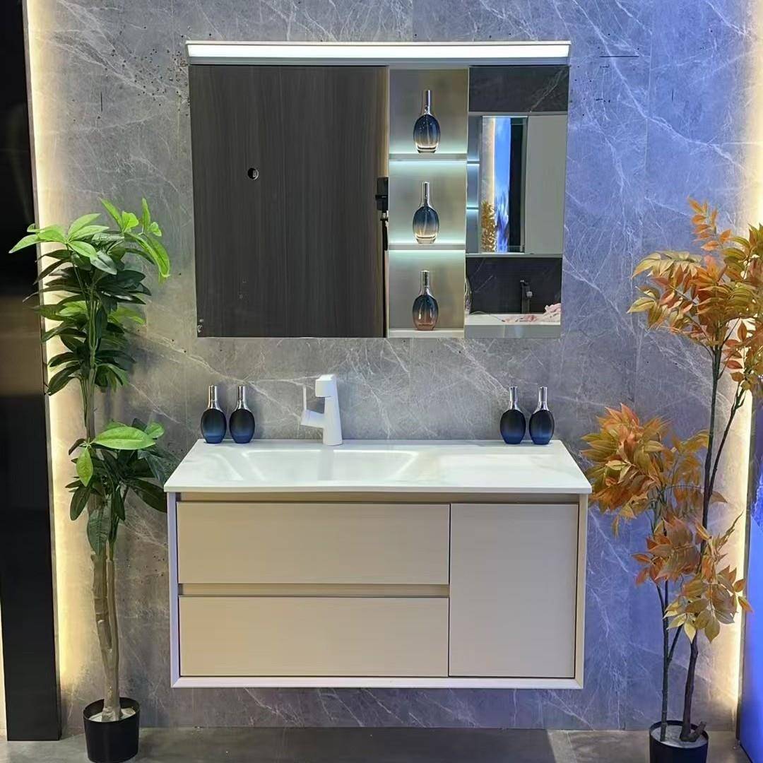 2025现代简约岩板热弯一体盆浴室柜卫生间洗漱台带层板灯镜组合柜