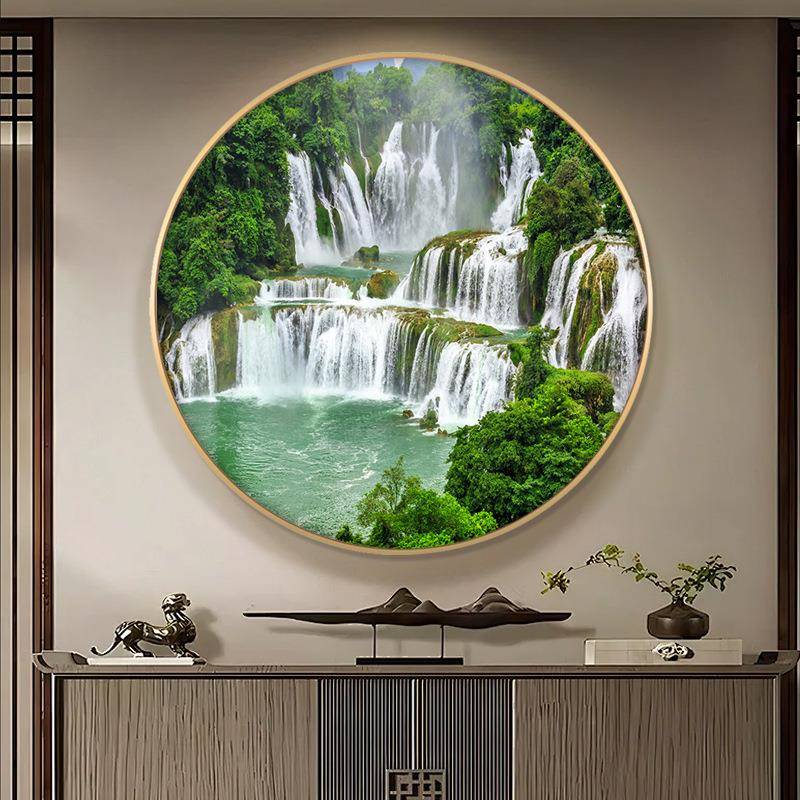 八方来财山水画聚宝盆装饰画有山有水风景圆形挂画流水生财瀑布画