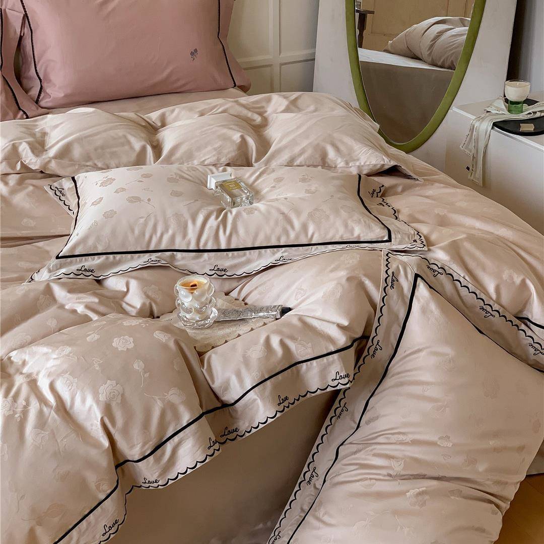 法式复古轻奢全棉100支精致玫瑰提花长绒棉四件套刺绣包边加镶工
