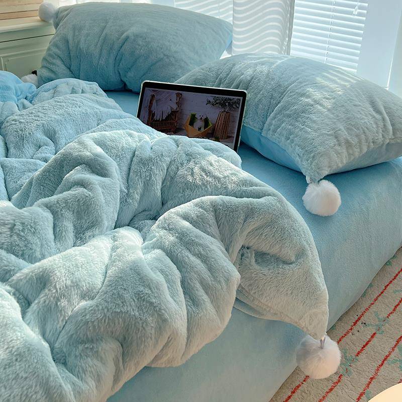 加厚兔毛绒床上四件套高级加绒床品珊瑚法兰绒面粉被套床单人床笠