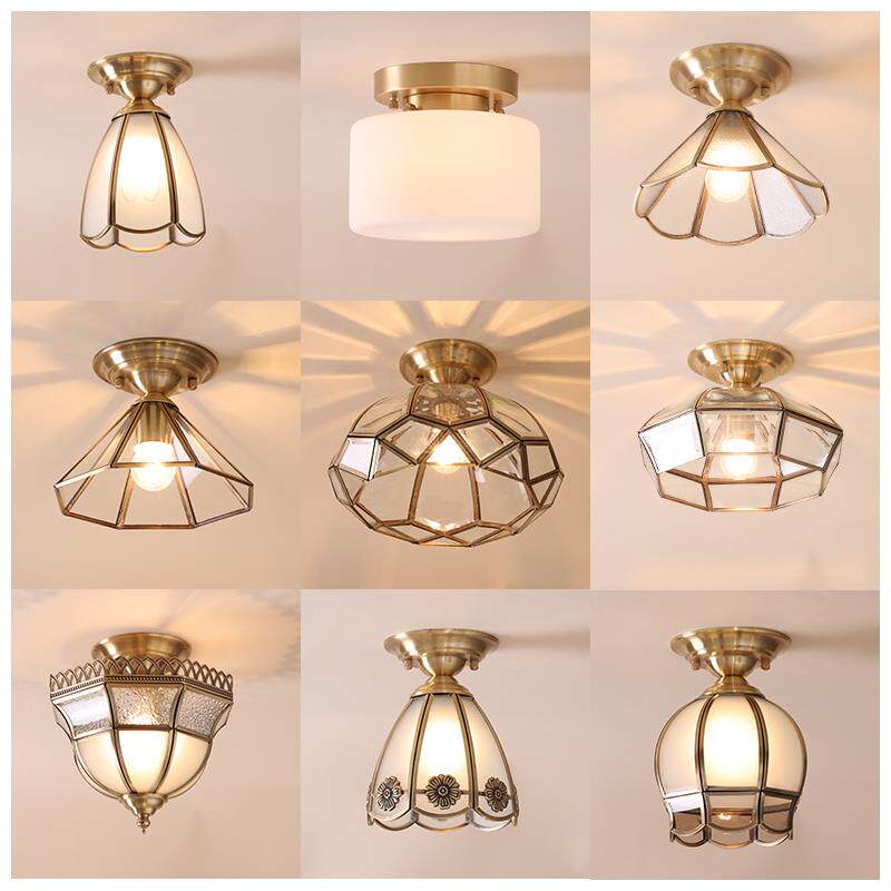 W8全铜美式吸顶灯圆形入户玄关门厅走廊过道阳台灯欧式房间衣帽间