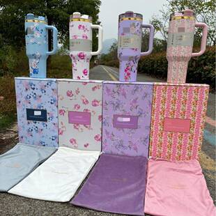 大容量冰霸杯40oz不锈钢汽车杯繁花高颜值带手柄带吸管保温杯