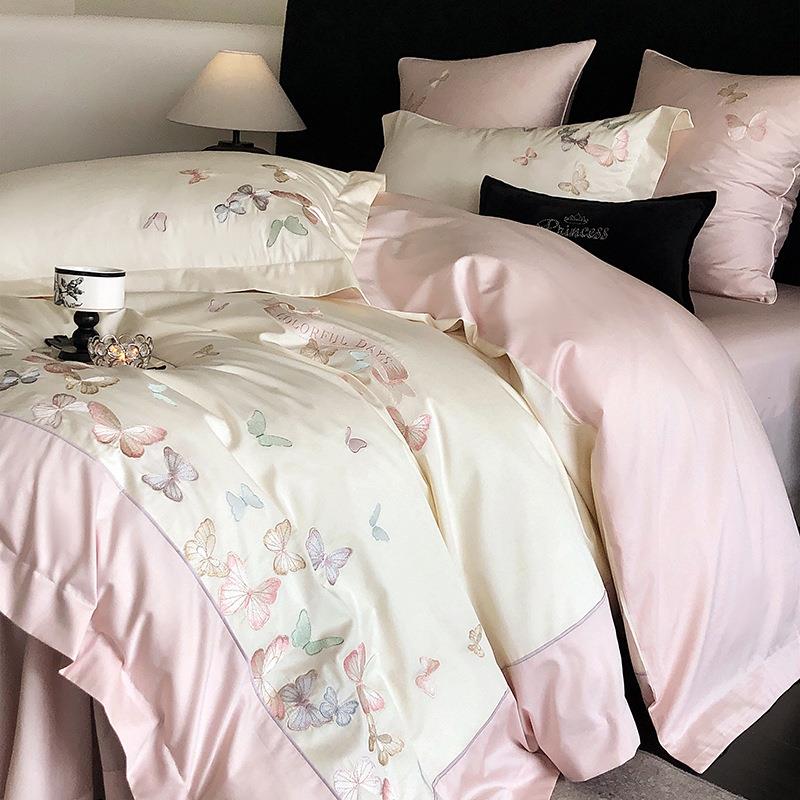 轻奢现代风蝴蝶刺绣寝具床品高级感100支澳棉长绒棉四件套被套
