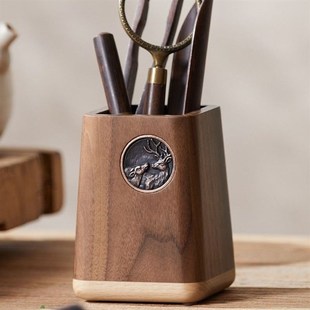 高档笔筒实木拼色笔桶木质古风遥控器收纳盒卧室轻奢化妆刷收纳罐