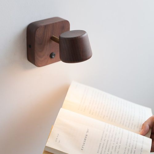 北美黑胡桃木壁灯极简设计卧室床头民宿350度可旋转带开关聚光灯