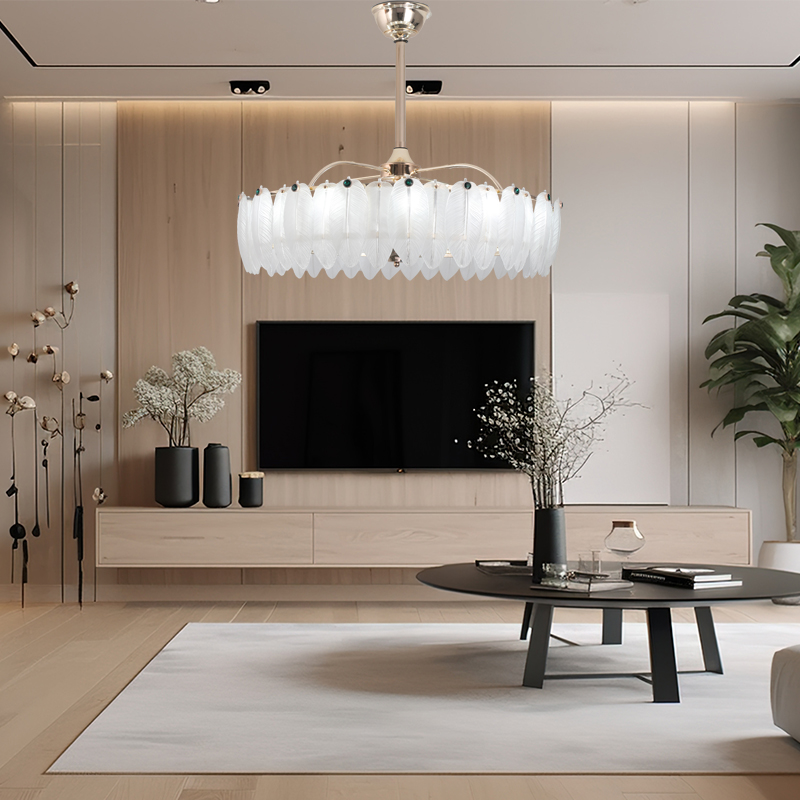 羽毛轻奢餐厅风扇吊灯内外双层+变频铜电机+遥控+智能语音+6 档风