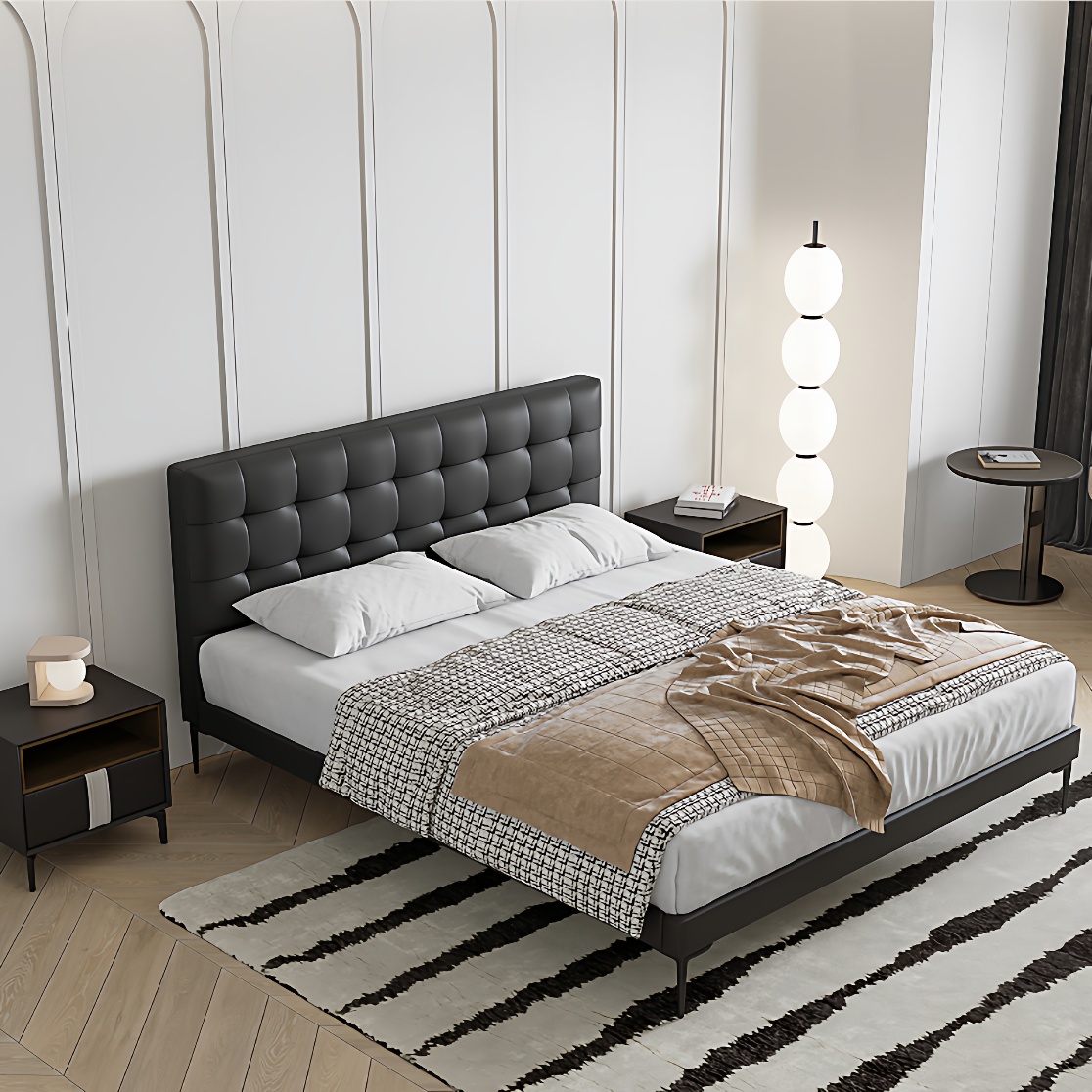 大床主卧床2023年新款现代简约意式极简黑色床真皮床实木