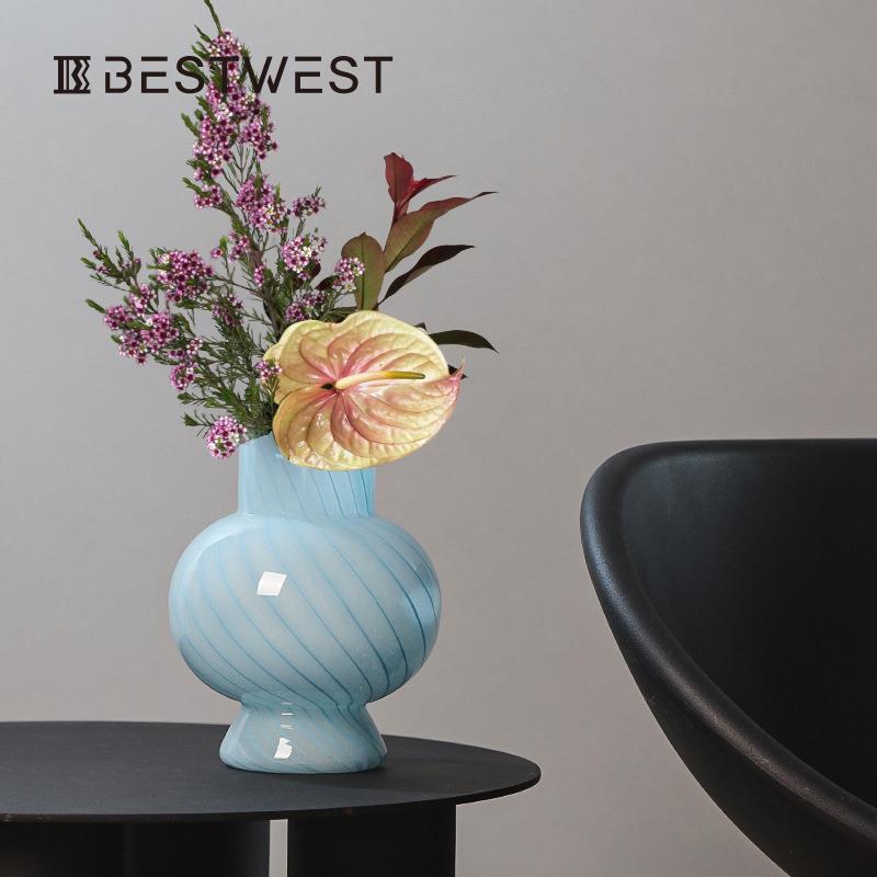 博西家居蓝色条纹葫芦水培玻璃花瓶摆件家居软装样板间装饰花器