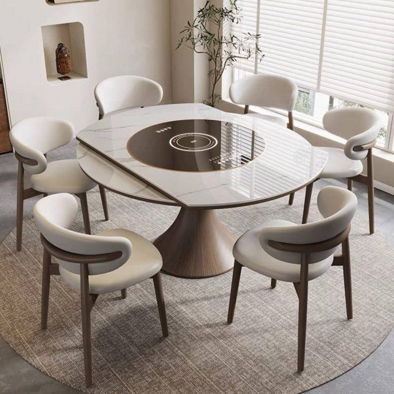 多功能岩板餐桌电磁炉火锅转盘家用一体饭桌伸缩折叠实木可变圆桌