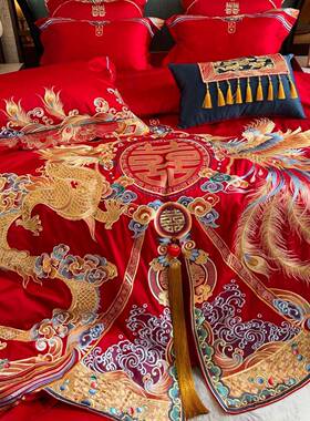 高端中式结婚100s埃及全棉四件套婚庆纯棉大红色喜被床上用品1.8m