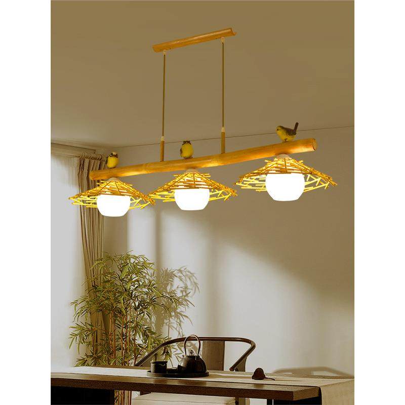 三头竹艺鸟巢吊灯木艺餐厅吧台灯具前台收银台服装店一字长条灯罩,家装灯饰光源,智能吊灯,淘宝优惠券,粉丝福利购,淘宝优惠卷