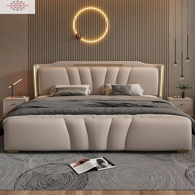 意式现代简约真皮床轻奢风双人床高端主卧网红皮艺床家用储物大床