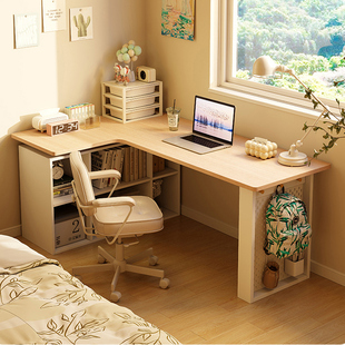实木卧室转角书桌书柜一体床边l型电脑桌书架组合拐角式桌子靠窗