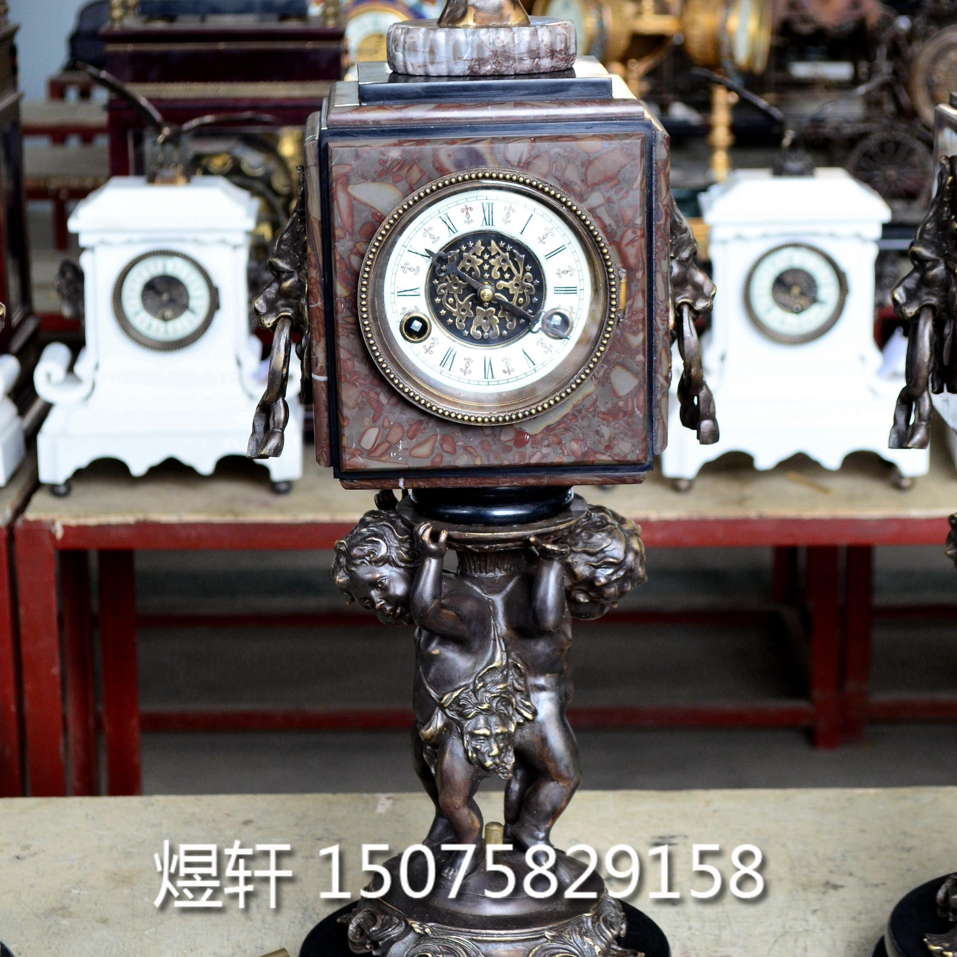 钟表理石铸铜双子钟|欧式古典上弦机械样板间会所客厅条案壁炉