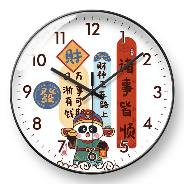 熊猫钟表挂钟客厅2024新款发财自动对时电波钟财神卡通新中式时钟