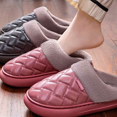拖鞋不臭脚d中老年人棉拖鞋女冬季室内家居防水滑P皮质加绒保暖男