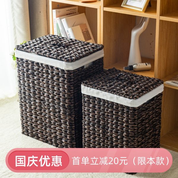 轻奢风欧式藤编脏衣篮带盖布衬长方形洗衣篓高端时尚咖啡棕手编筐