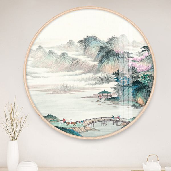 【十年老店】新中式玄关装饰画圆形山水画走廊挂画白雪石千峰竞秀