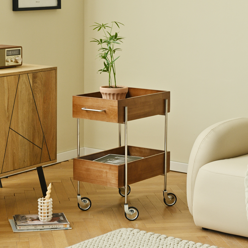 ASO那所 中古不锈钢小推车可移动G双层置物架原木客厅沙发边几
