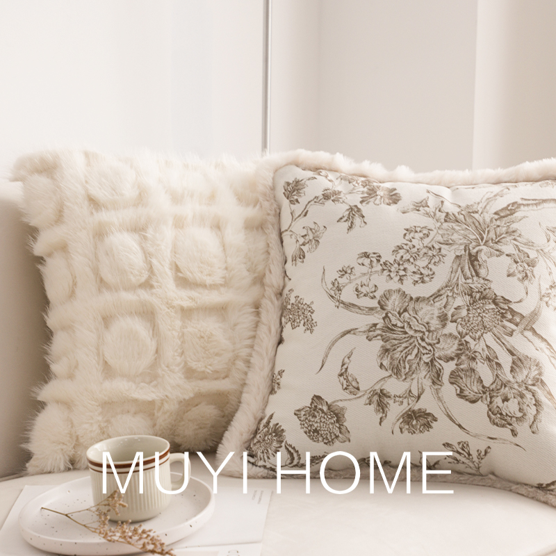 轻奢复古法式印花毛o绒抱枕套客厅沙发靠垫床上靠枕大抱枕腰靠腰