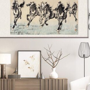 励志国画到成功徐悲墙壁装饰马鸿画马骏办公室绢八骏图挂画布客厅
