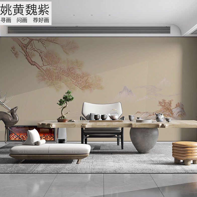 刺绣壁布松柏深色订做墙画独秀简单禅意留白绣花墙布中式沙发背景
