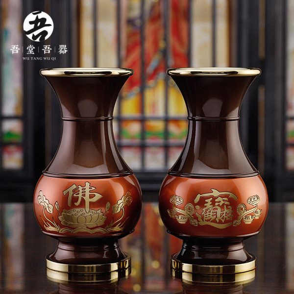 黄铜双色招财家用佛堂供花瓶 观音花瓶佛台佛前供花供佛花瓶摆件