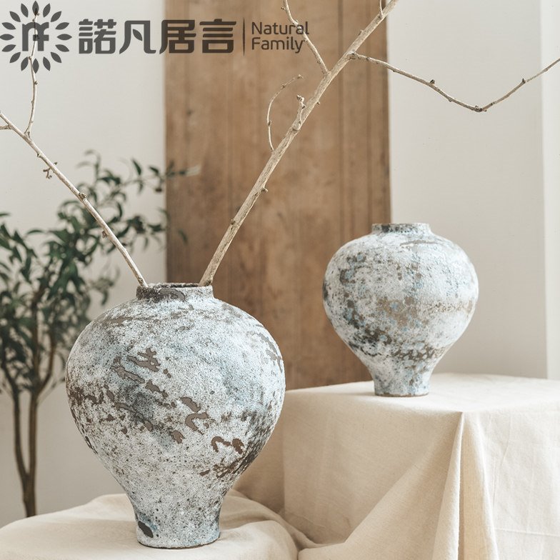 北欧粗陶复古文艺陶罐干花装饰摆件现代简约陶瓷花瓶客厅插花摆件
