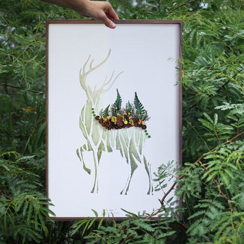 种籽造物??原创鹿野植物标本手作画北欧复古动物挂画立体装饰画