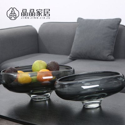 现代简约创意灰色玻璃果盘摆件椭圆形样板房客厅茶几软装家居摆饰