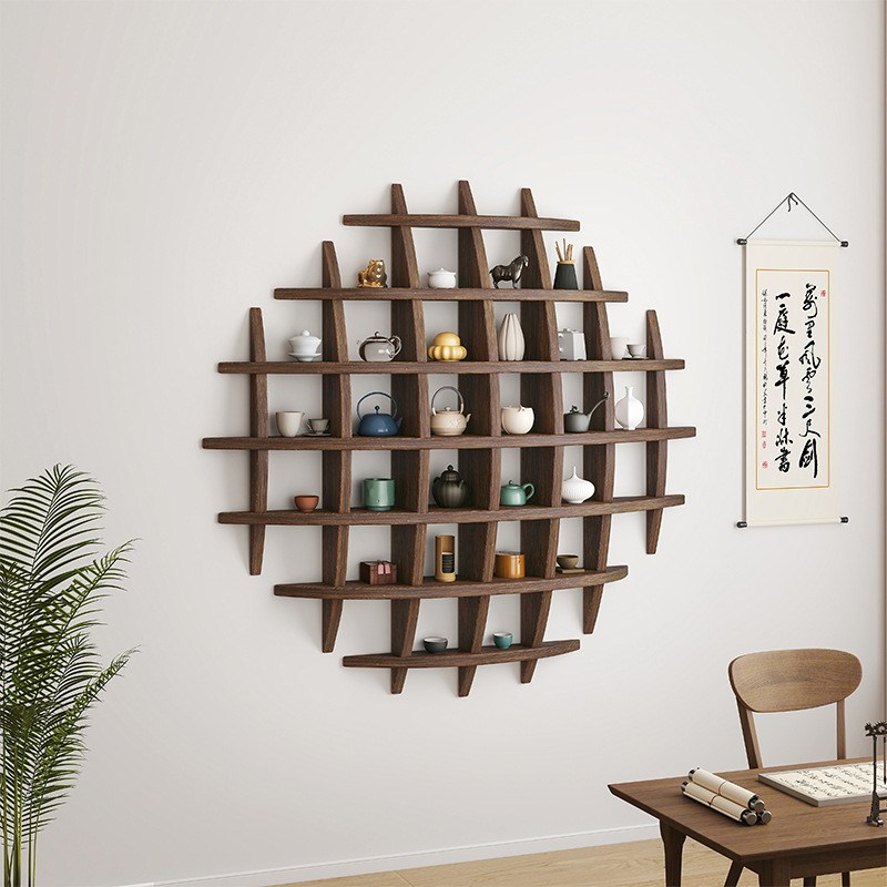轻奢实木壁挂式墙k上博古架挂墙茶具茶杯架多宝阁格子架摆件置物